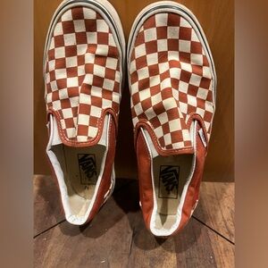 Burnt Orange and White Checkerboard Vans Slip-On Sneakers